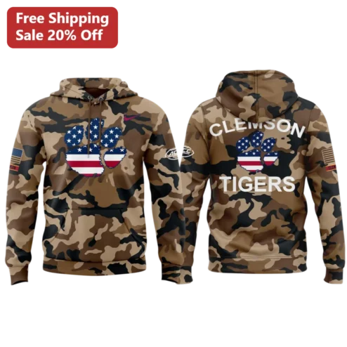 Clemson Tigers Camo American Flag Paw Print Hoodie