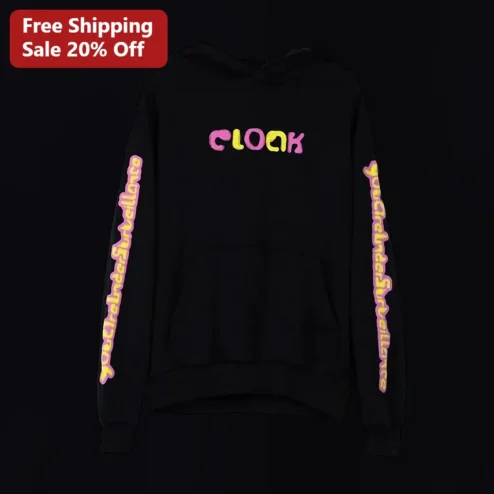 CLOAK Hoodie Streetwear Y2K Graffiti Typography Pullover Black Cotton Sweatshirt