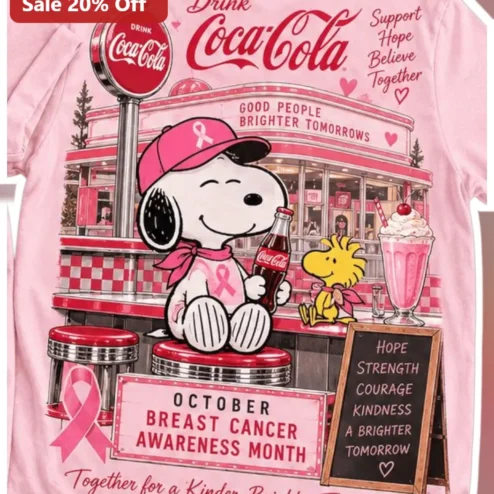 Coca-Cola Breast Cancer Awareness Tee Snoopy Pink Ribbon Support Hope Believe Together October Shirt
