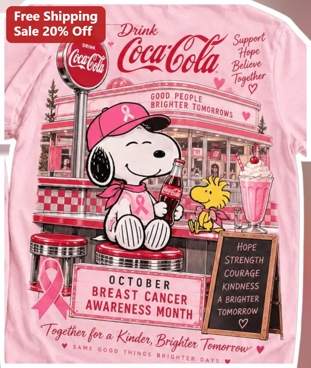 Coca-Cola Breast Cancer Awareness Tee Snoopy Pink Ribbon Support Hope Believe Together October Shirt