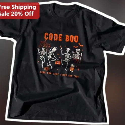 Code Boo Here For Your Scare And Care Halloween ER Nurse Graphic Tee