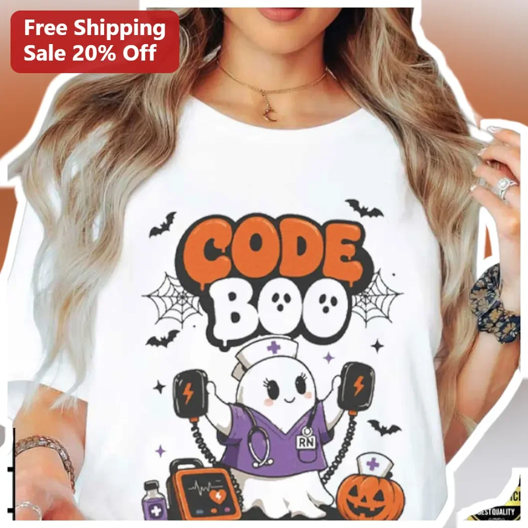 Code Boo Nurse Halloween Graphic Tee Cute Ghost Defibrillator Gift for RN Healthcare Workers