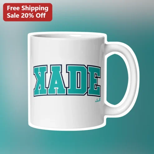 Collegiate Name Mug White Ceramic Coffee Cup Personalized Arched Teal Block Letters Navy Outline Gift for Students