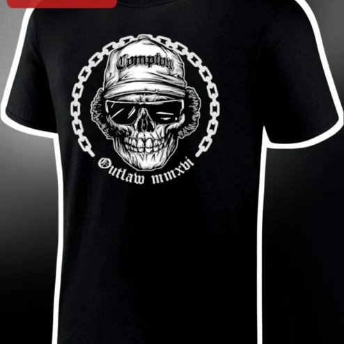 Compton Outlaw mmxvi Tee Black Hip Hop Skull Graphic Streetwear Shirt