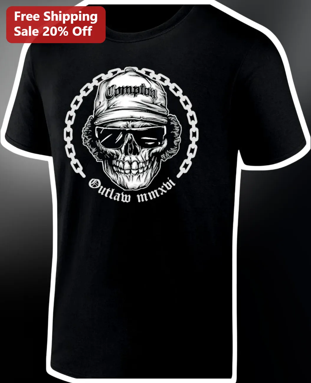 Compton Outlaw mmxvi Tee Black Hip Hop Skull Graphic Streetwear Shirt