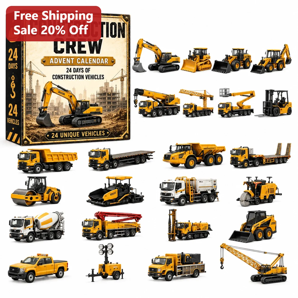 Construction Crew Advent Calendar Toy Set 24 Days of Construction Vehicles Die Cast Holiday Gift for Kids