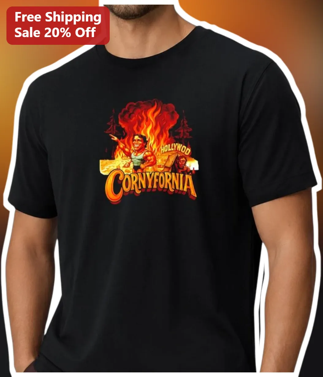 Cornyfornia Hollywood Graphic Tee Funny California Gym Humor Retro Action Movie Shirt
