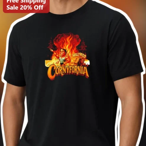 Cornyfornia Hollywood Graphic Tee Retro Bodybuilder Muscle Man Shirt