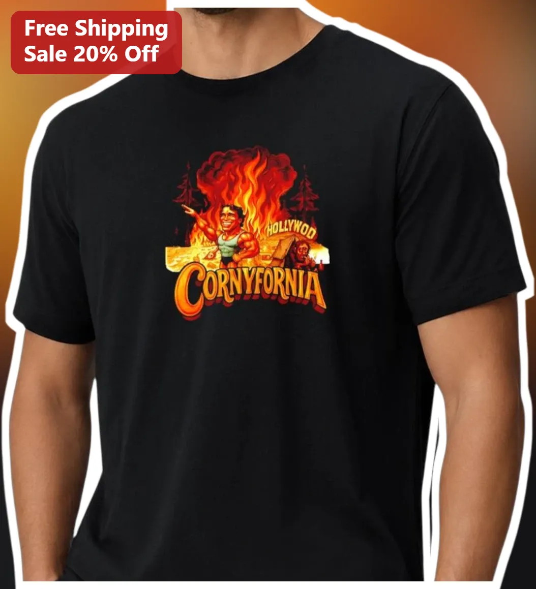 Cornyfornia Hollywood Graphic Tee Retro Bodybuilder Muscle Man Shirt