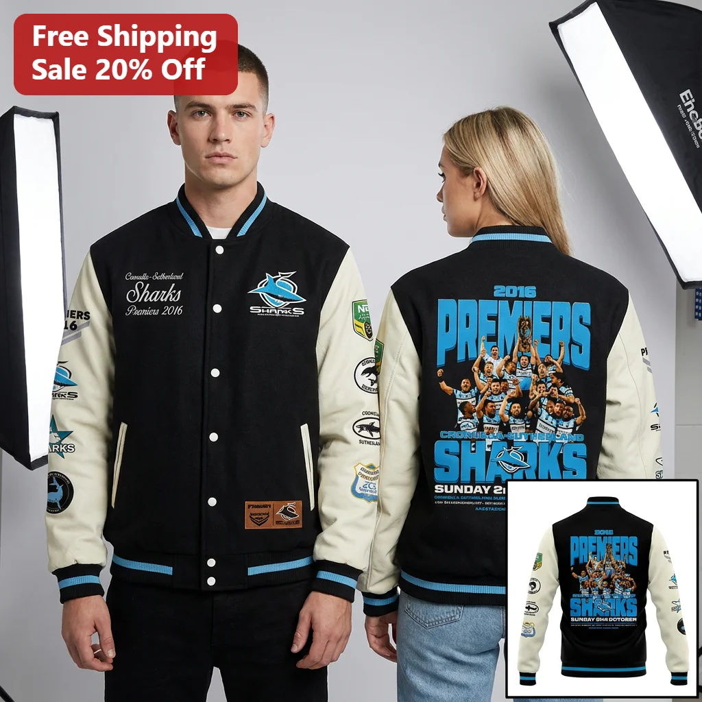 Cronulla-Sutherland Sharks Premiers 2016 Varsity Jacket, NRL Grand Final Champions Commemorative Gift for Sharks Fans