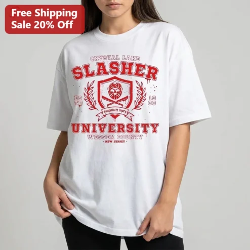 Crystal Lake Slasher University Estd 1980 Wessex County New Jersey Tee, Retro Slasher Horror Movie Halloween Shirt