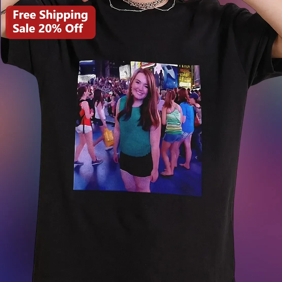 Custom Photo Square Print Black Tee Personalized Picture Gift for Women Men