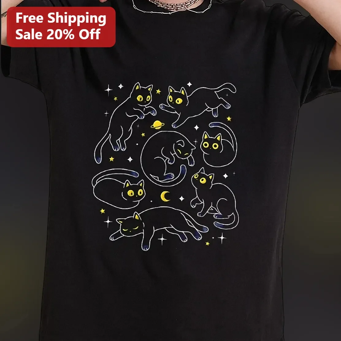 Cute Black Cat Space Graphic Tee Celestial Kitten Astronomy Gift for Women Men