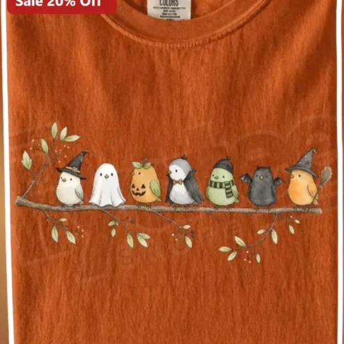 Cute Halloween Costumed Birds Watercolor Tee for Women