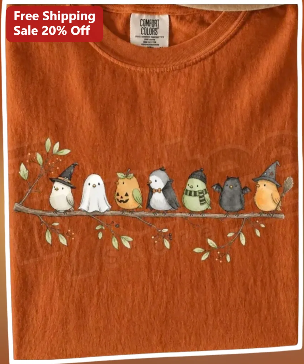 Cute Halloween Costumed Birds Watercolor Tee for Women