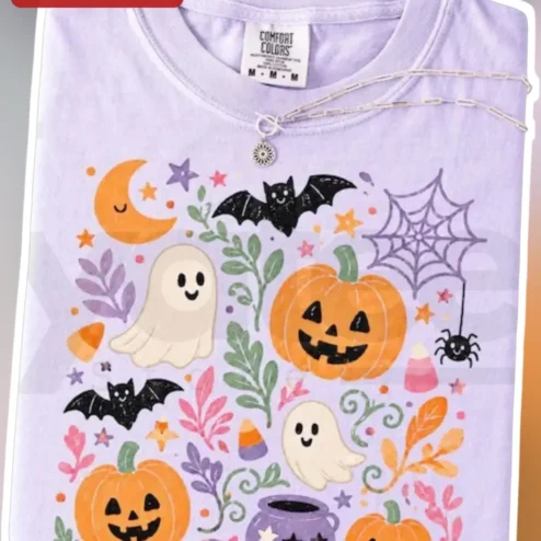 Cute Pastel Halloween Pattern Tee Kawaii Ghost Pumpkin Design Women Teens Kids Spooky Season Gift