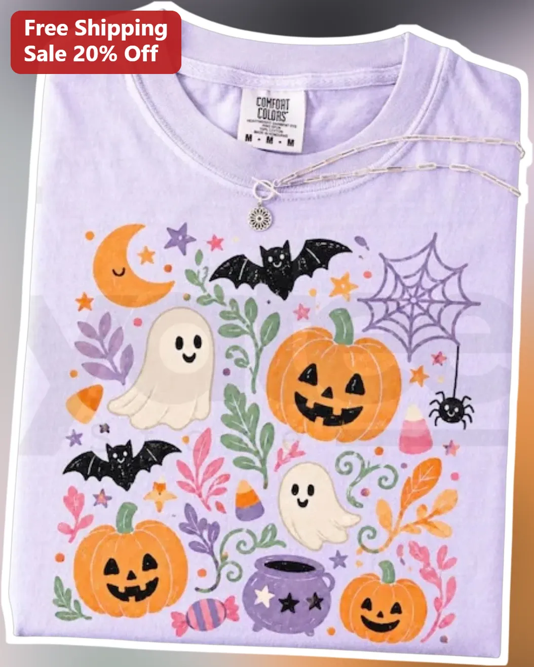 Cute Pastel Halloween Pattern Tee Kawaii Ghost Pumpkin Design Women Teens Kids Spooky Season Gift