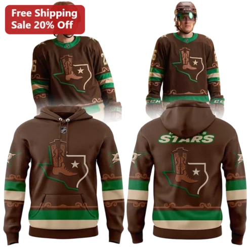 Dallas Stars Western Style Pullover Hoodie with Texas State Outline and Cowboy Boot Graphic for Men
