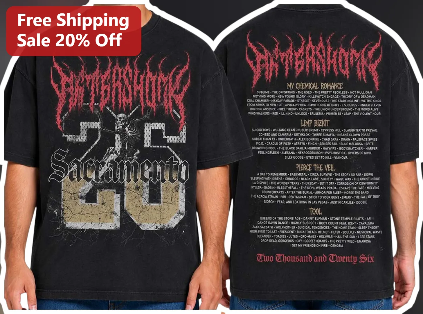 DAMNANNOMY Sacramento Two Thousand and Twenty Six Tee Rock Band Pop Punk Metalcore Vintage Tour Merch