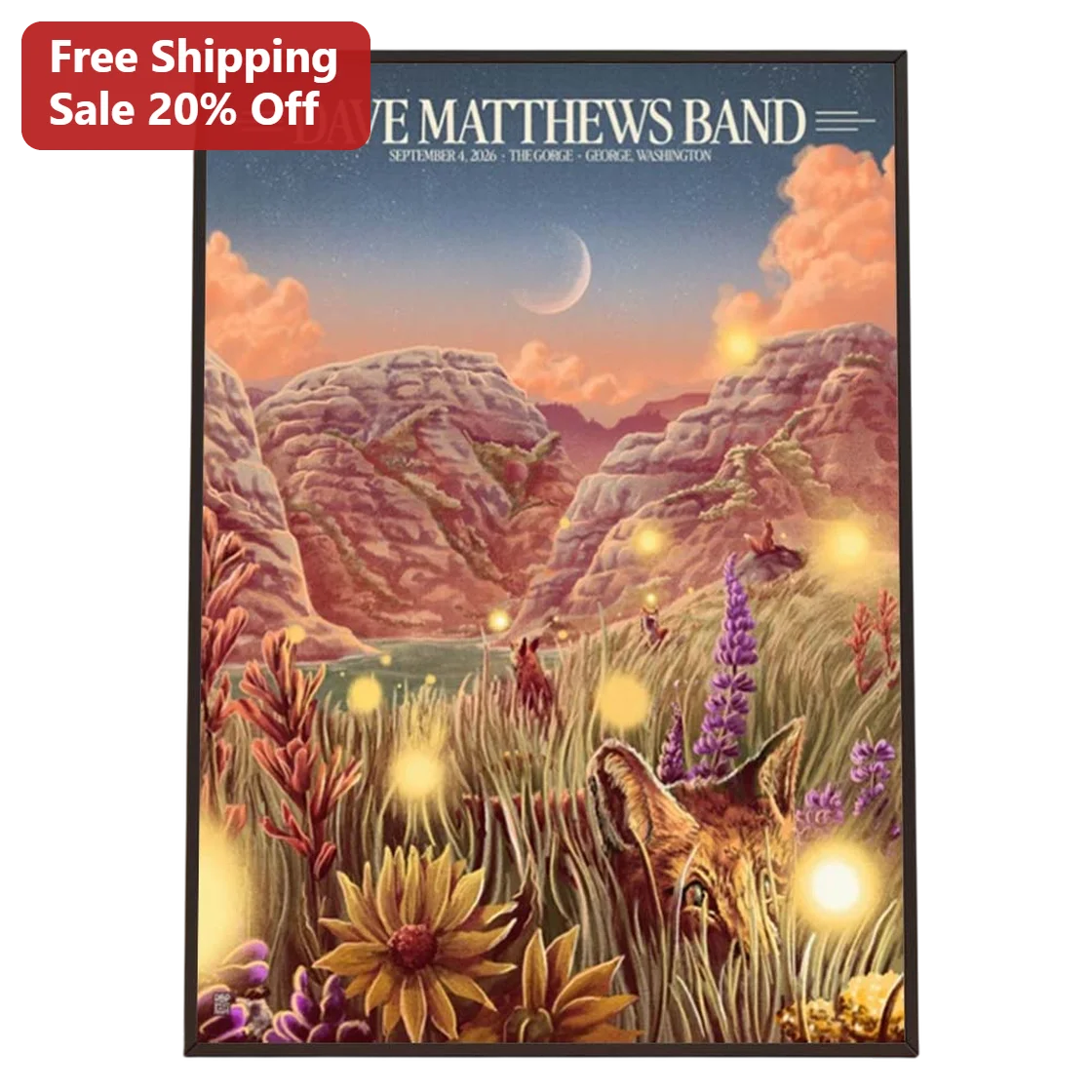 Dave Matthews Band Poster Fantasy Fox Fireflies Canyon Twilight Art Print