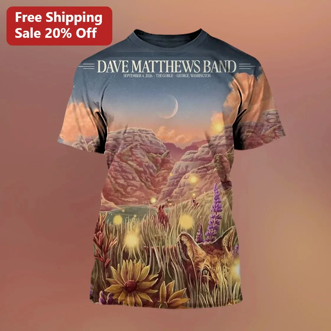 Dave Matthews Band Surreal Mountain Landscape Fox Graphic Tee