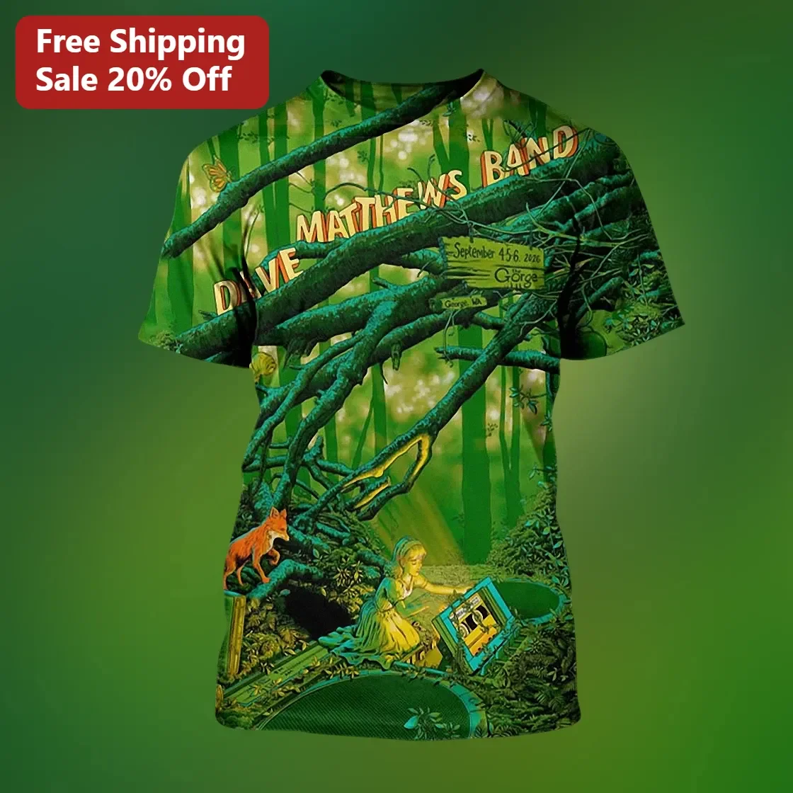 Dave Matthews Band Tee Surreal Forest Fox Graphic Shirt Music Fan Gift