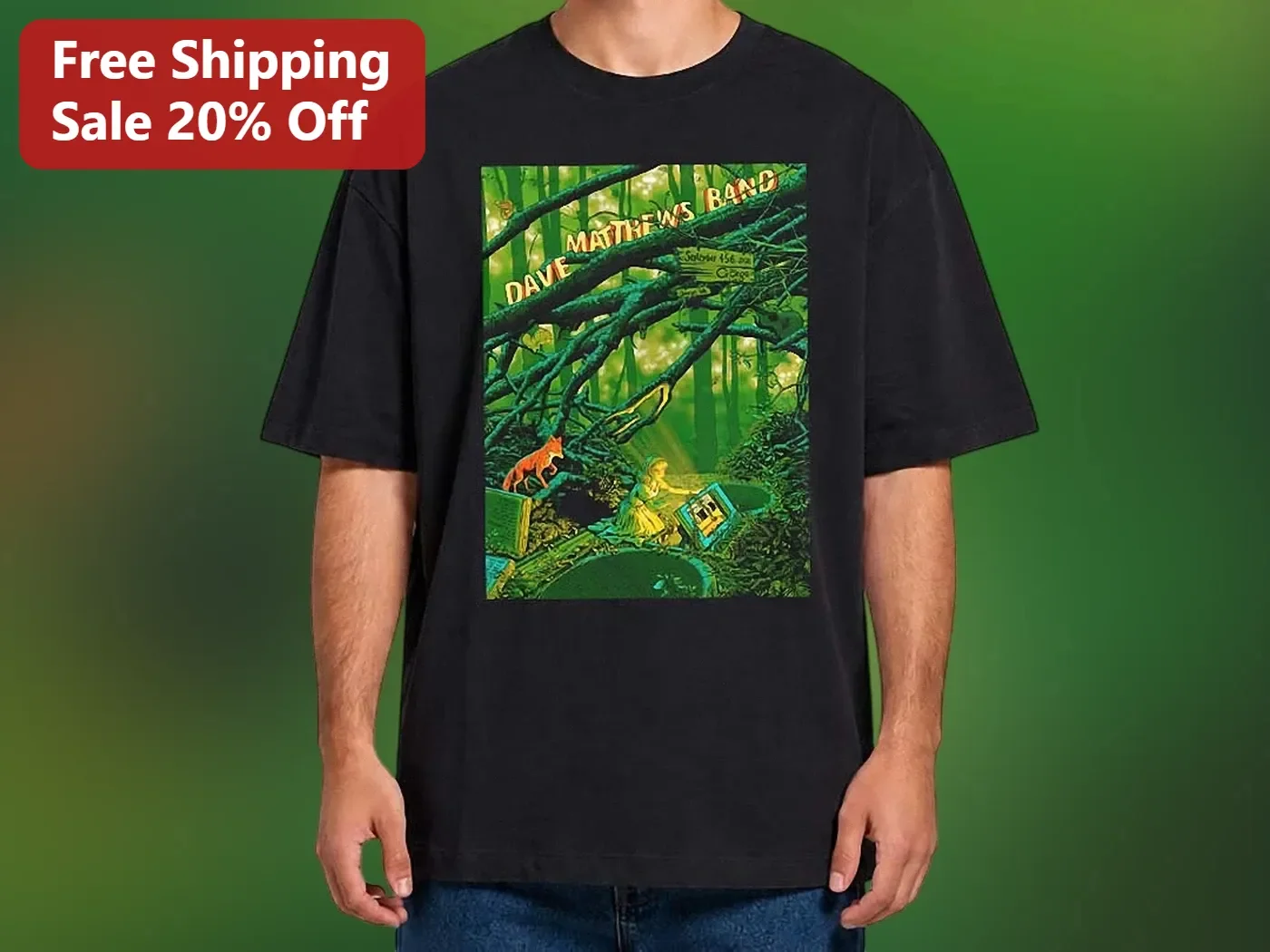 Dave Matthews Band Tee Surreal Forest Fox Graphic Shirt Vintage Rock Merch