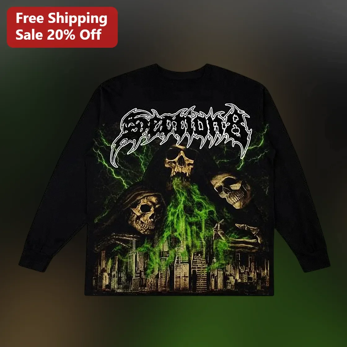 Death Metal Skulls Long Sleeve Tee Gothic Horror Graphic Shirt for Men Women