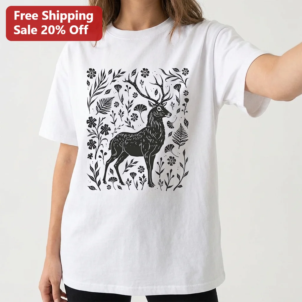 Deer and Wildflower Nature Illustration Tee Botanical Wildlife Forest Graphic Shirt Gift for Nature Lovers