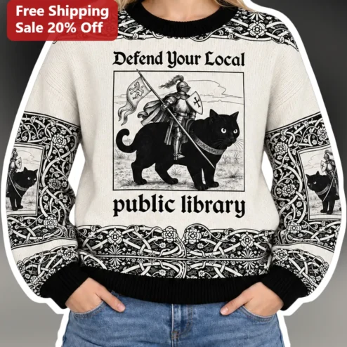 Defend Your Local Public Library Sweater Medieval Knight Cat Librarian Gift