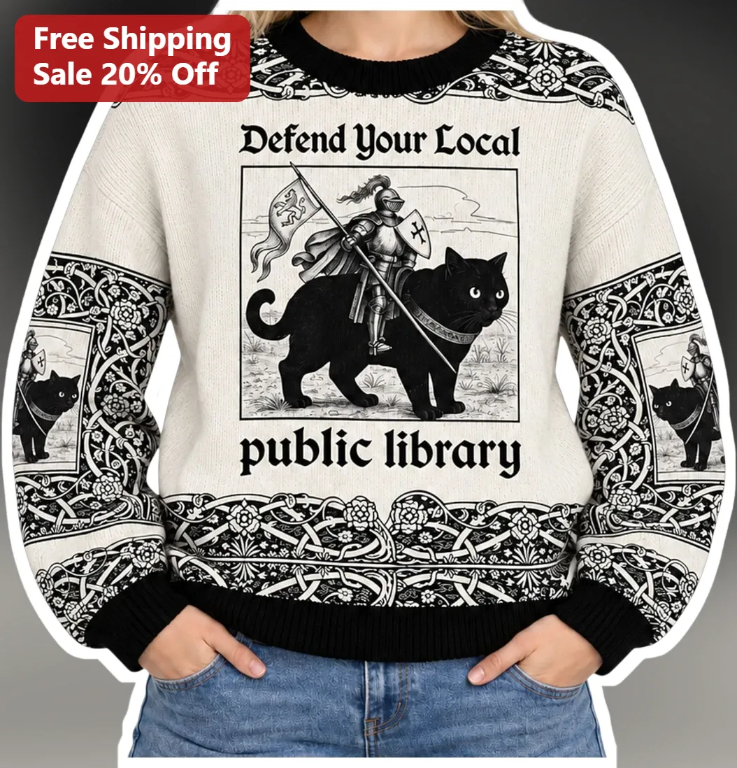 Defend Your Local Public Library Sweater Medieval Knight Cat Librarian Gift