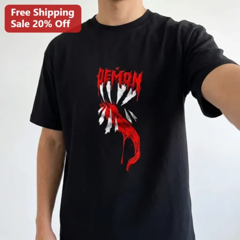 DEMON Tee Horror Monster Mouth Fangs Dripping Blood Graphic Shirt, Spooky Halloween Gift for Goth Metal Rock Fans