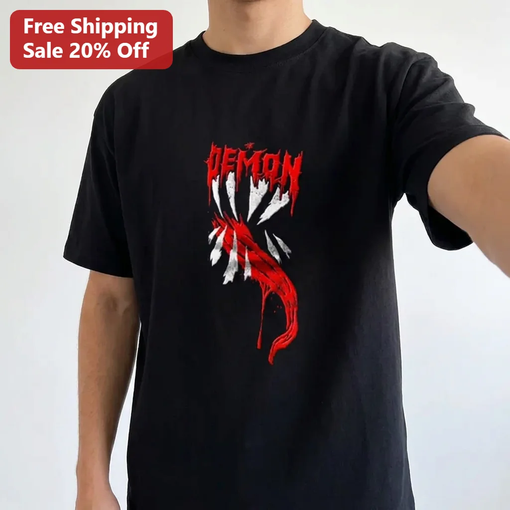 DEMON Tee Horror Monster Mouth Fangs Dripping Blood Graphic Shirt, Spooky Halloween Gift for Goth Metal Rock Fans