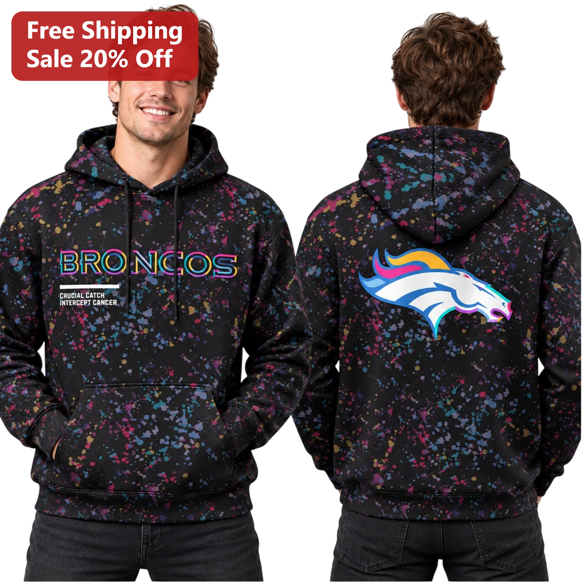 Denver Broncos Crucial Catch Intercept Cancer Hoodie NFL Awareness Paint Splatter Pullover