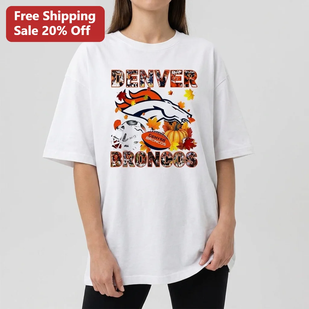 Denver Broncos Fall Football Game Day Tee Autumn Pumpkin Helmet Graphic Shirt for Fans