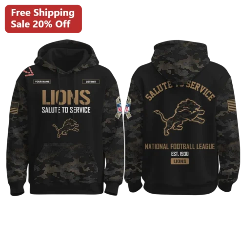 Detroit Lions Salute to Service Hoodie NFL Veterans Day Gift Black Gold Camo Pullover
