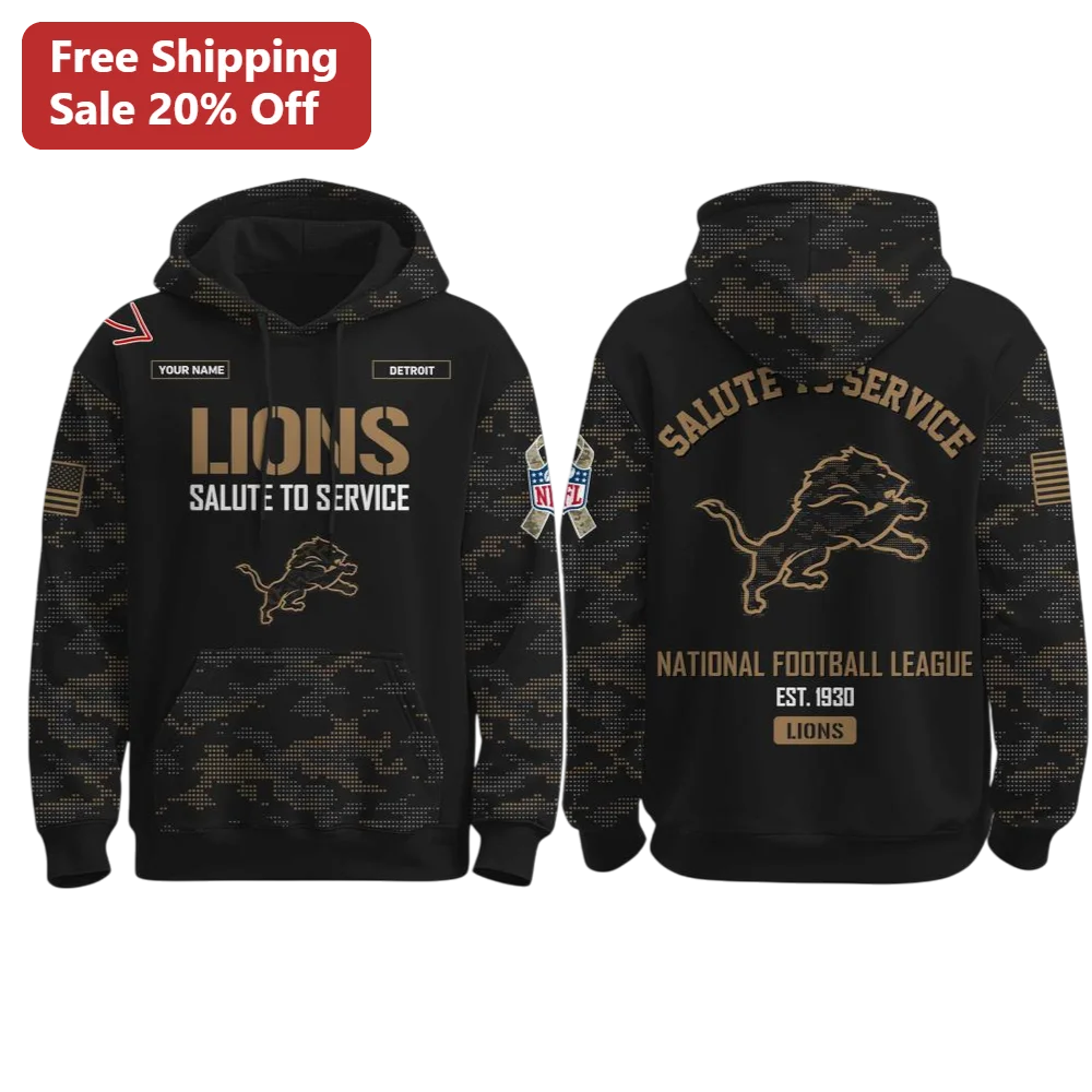 Detroit Lions Salute to Service Hoodie NFL Veterans Day Gift Black Gold Camo Pullover
