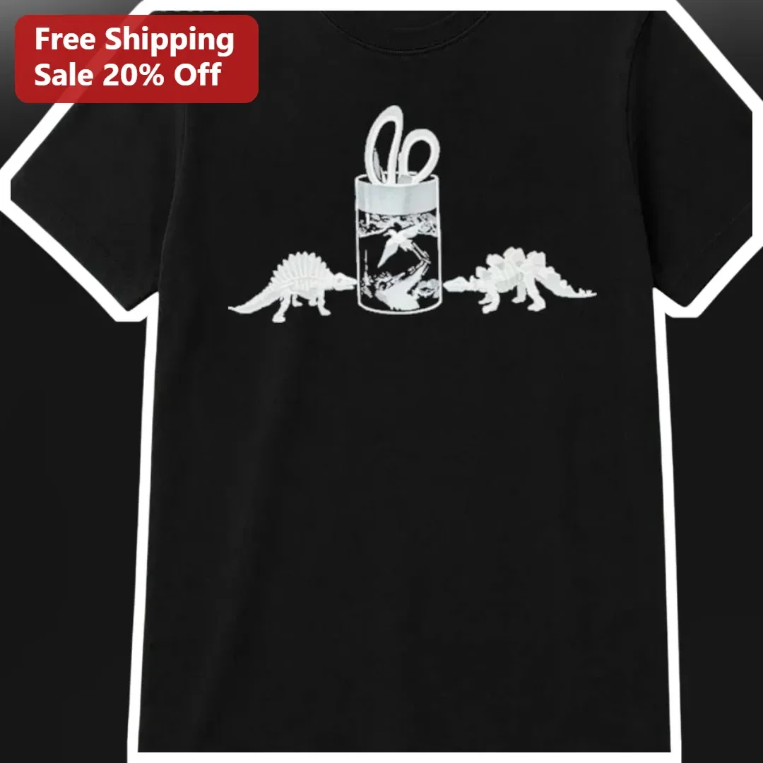 Dinosaur Scissors Reflection Graphic Tee Surreal Stegosaurus Optical Illusion Shirt for Teachers and Paleontology Fans