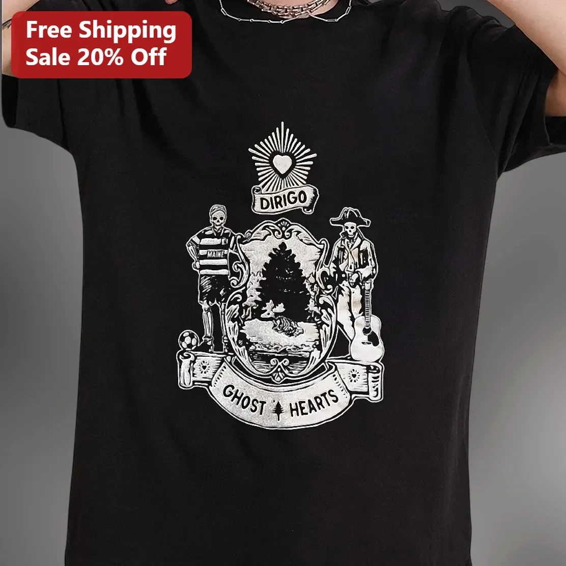Dirigo Ghost Hearts Vintage Crest Tee Maine Skeleton Soccer Guitar Graphic Shirt