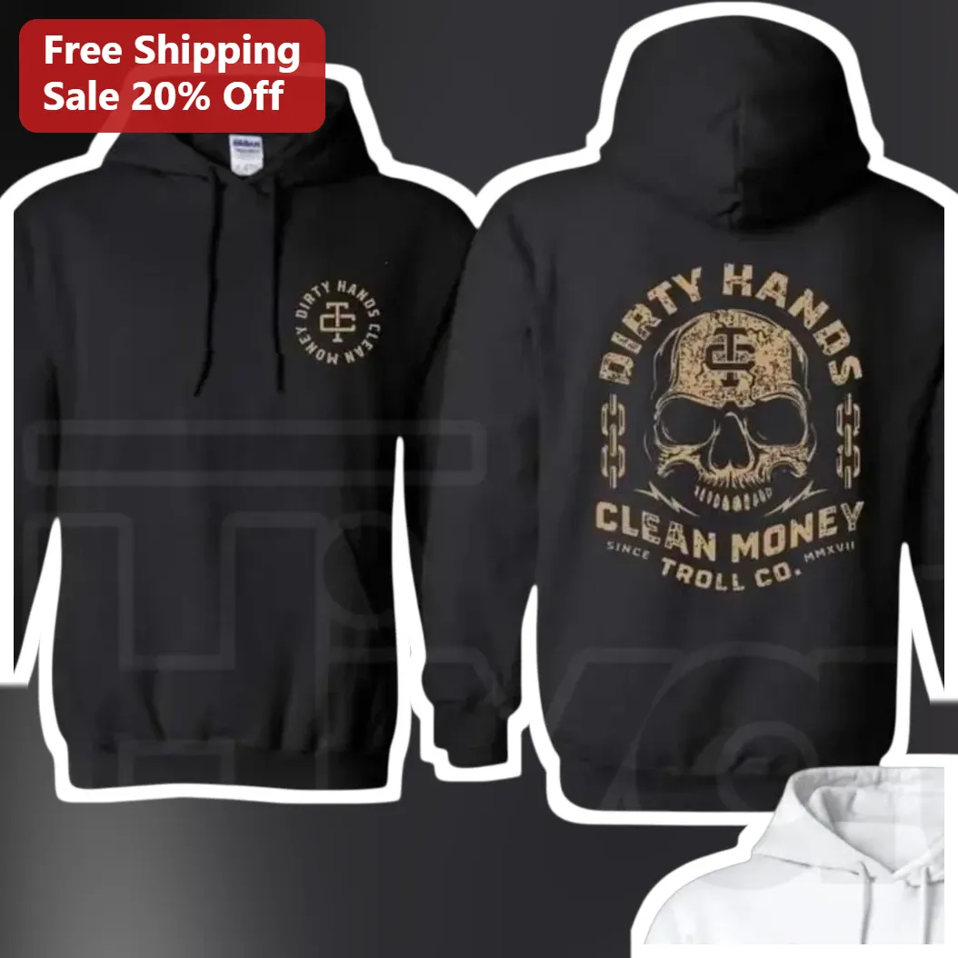 Dirty Hands Clean Money Troll Co Skull Graphic Hoodie Blue Collar Workwear Gift