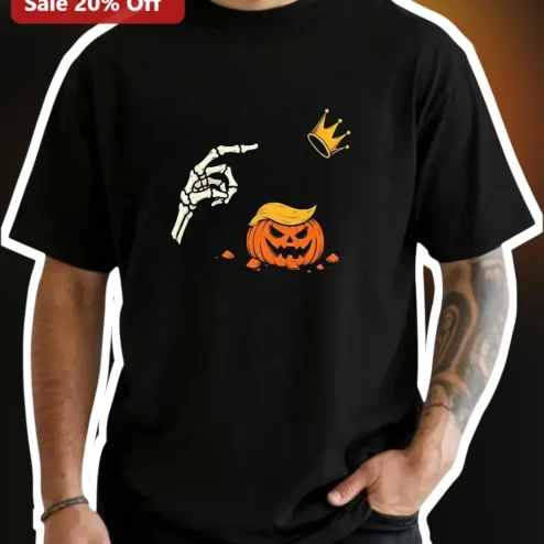 Donald Trump Halloween Skeleton Hand Pumpkin Graphic Tee Funny Political Satire Shirt