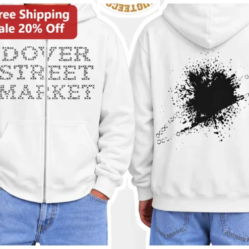 Dover Street Market Zip Hoodie Cross Stitch Typography Ink Splatter Streetwear