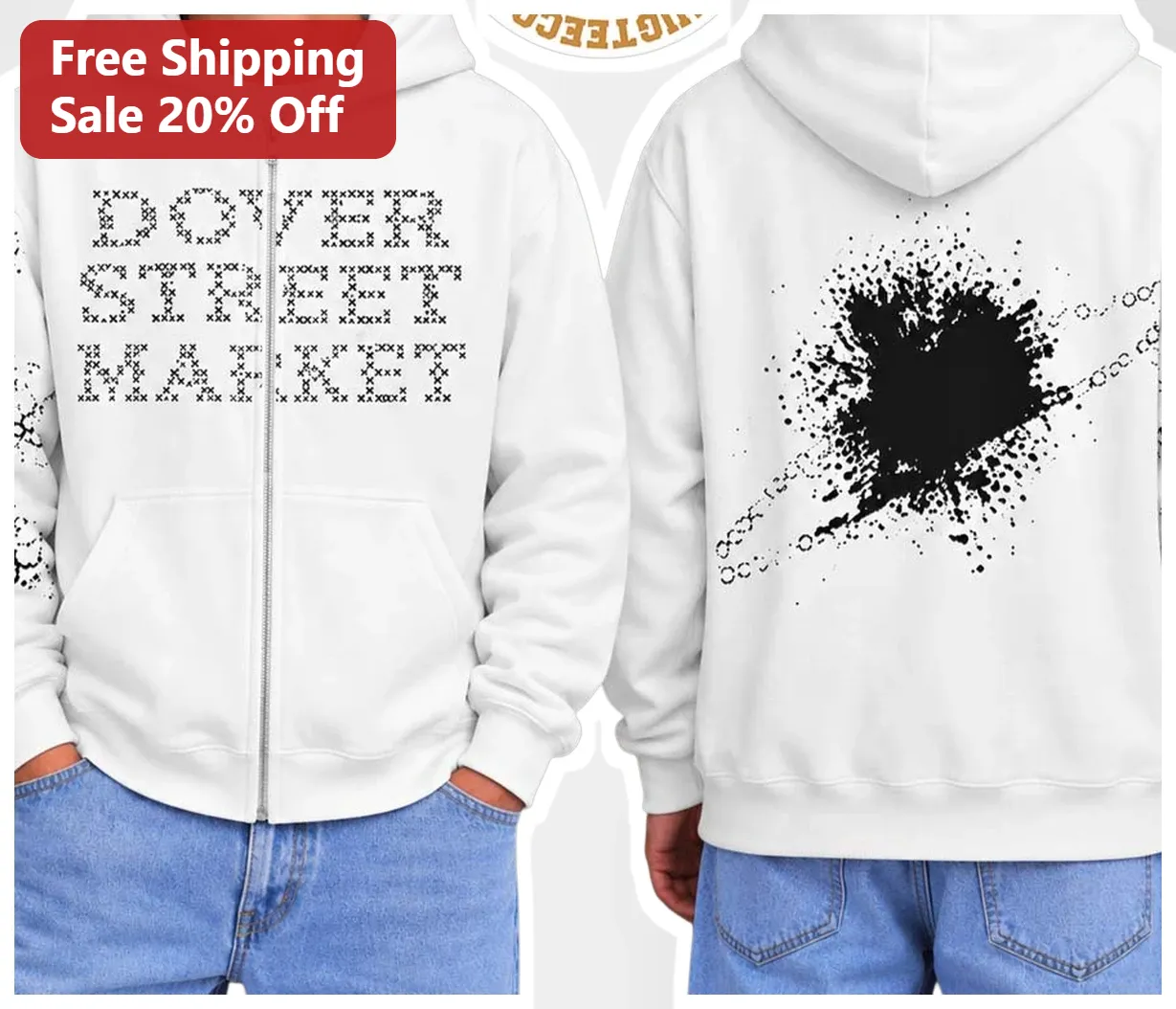 Dover Street Market Zip Hoodie Cross Stitch Typography Ink Splatter Streetwear