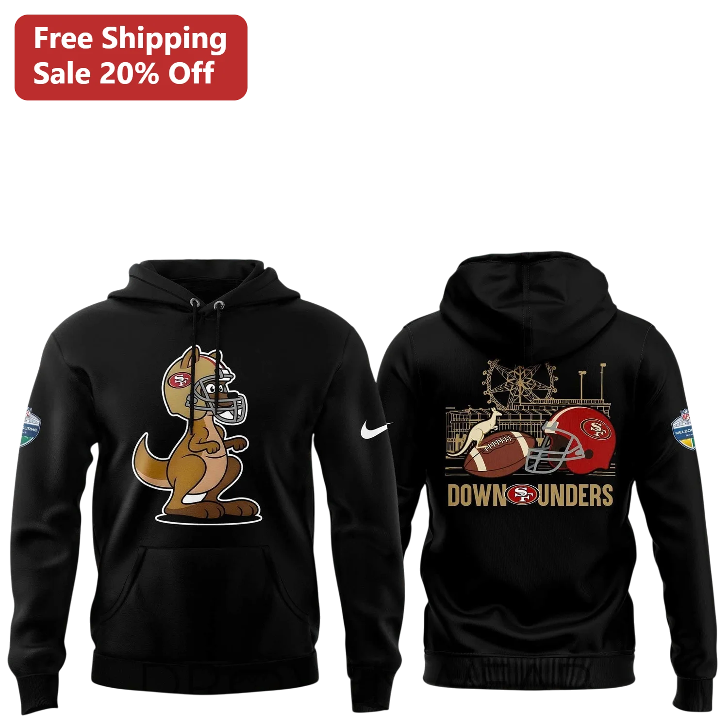 Down Unders Hoodie San Francisco 49ers Kangaroo Mascot NFL Melbourne Game Fan Apparel