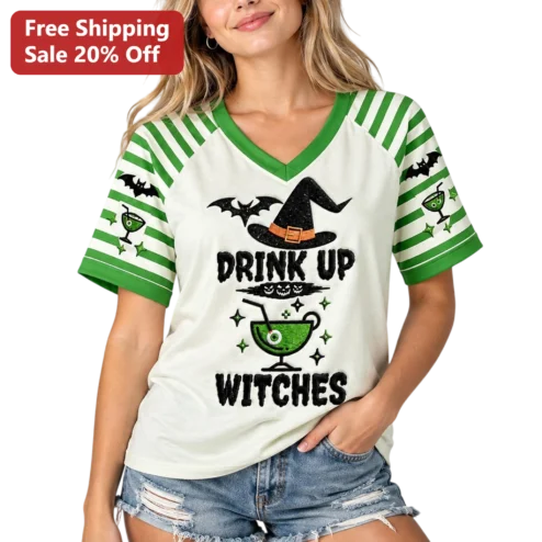 Drink Up Witches Halloween Graphic Tee Spooky Cocktail Shirt Gift for Women