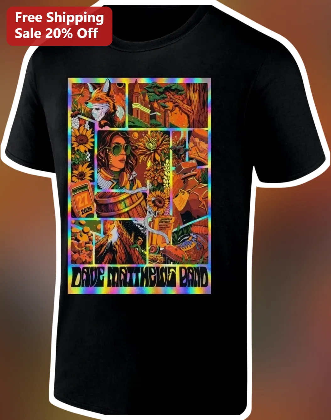 Drive Heritage Brand Tee Retro Autumn Fox Sunflower Collage Graphic Shirt