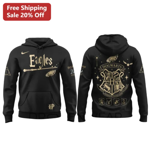Eagles Harry Potter Hoodie Black Gold Hogwarts Crest Pullover Sweatshirt
