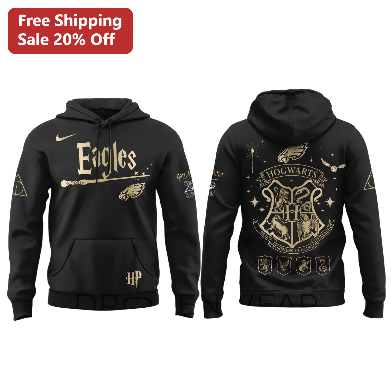 Eagles Harry Potter Hoodie Black Gold Hogwarts Crest Pullover Sweatshirt