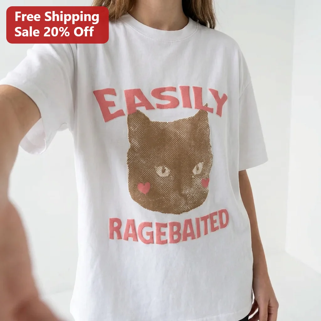 Easily Ragebaited Cat Tee, Funny Rage Bait Internet Meme Shirt, Ironic Meme Humor Gift for Cat Lovers