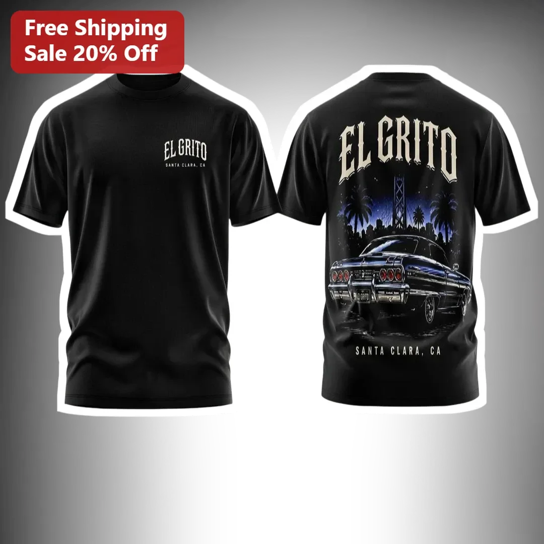 El Grito Lowrider Car Graphic Tee Chicano Streetwear Gothic Lettering Black T-Shirt